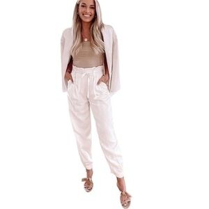 Room Service | High Waisted Paper Bag Waist Off White Pants